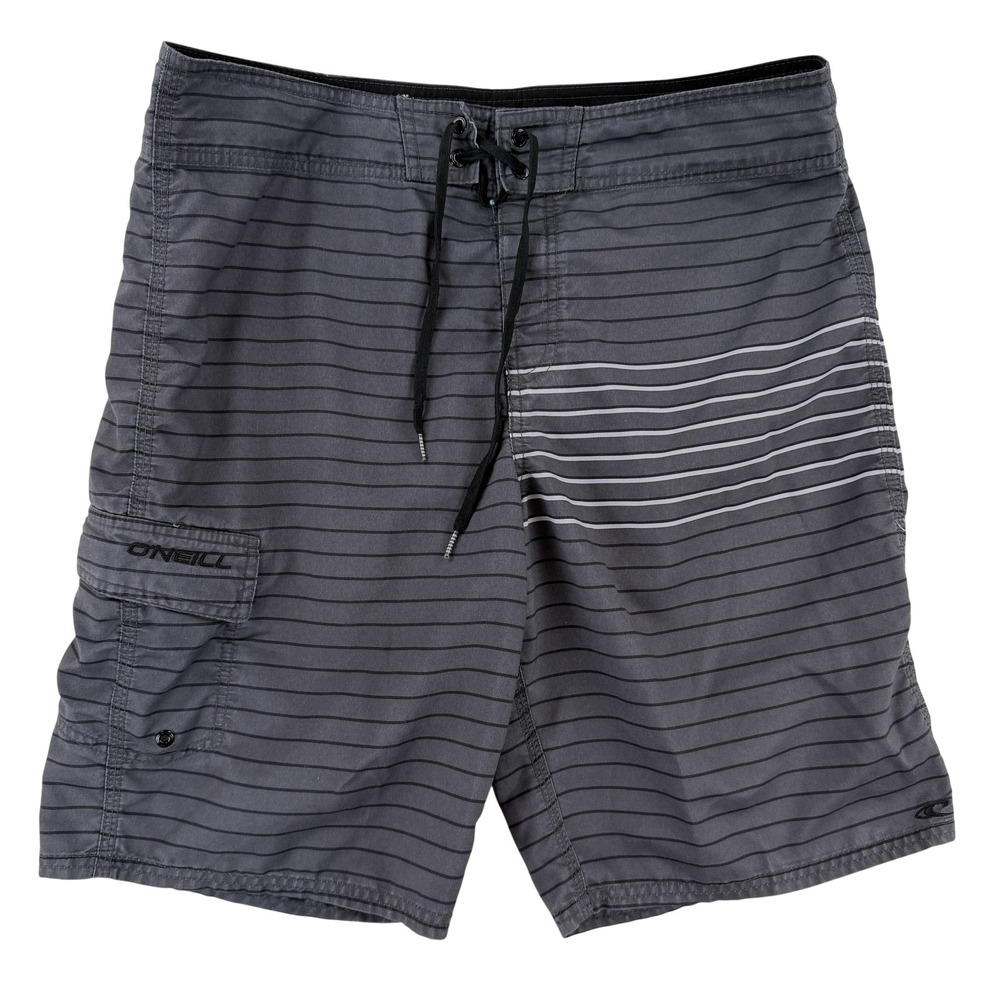 O'Neill Board Shorts Mens 34 Gray Striped Surf Swim Trunks Cargo Pocket Beach